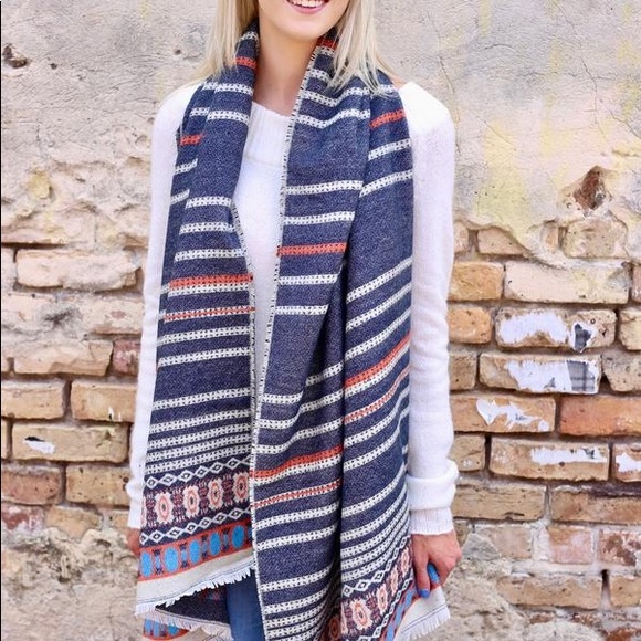 Ingram Pattern And Striped Scarf Navy - Picture 2 of 3